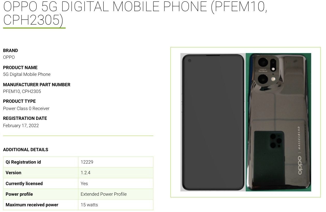 Oppo Find X5 Pro WPC listing - Oppo Find X5 series listing reveals the two phones support 15W wireless charging