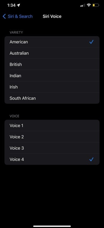 Hasta que iOS 15.4 beta o iOS 15.4 se cargue en su teléfono, Siri tiene cuatro opciones de voz de EE. UU. para elegir: la nueva voz de Siri en iOS 15.4 no es explícitamente masculina o femenina.