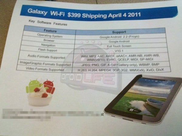 The Wi-Fi version of the Samsung Galaxy Tab is expected to launch on April 4th for $399 - April 4th seen as launch date for $399 Wi-Fi only Samsung Galaxy Tab