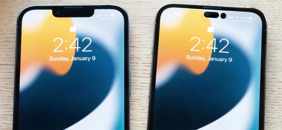 The iPhone 14 Pro render on the right displays the replacement for the notch according to the latest rumors - Free app for the Pixel 6 makes the hole-punch camera more useful and fun to look at