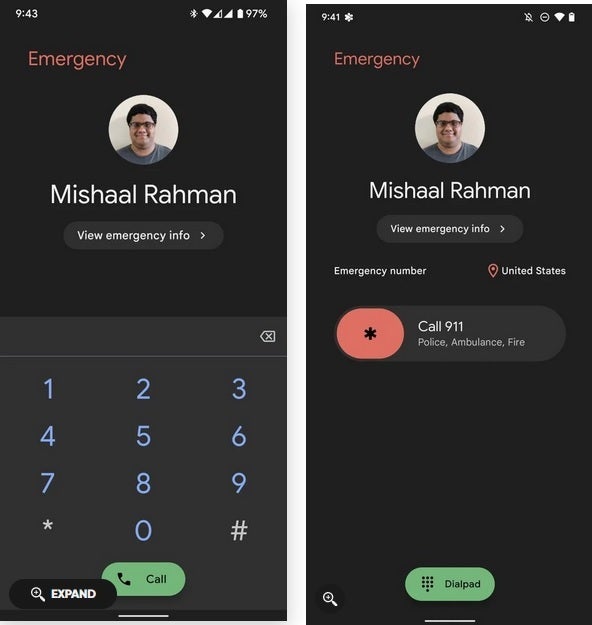 Traditional Emergency Dialer at left, Fast Emergency Dialer at right. Credit Mishaal Rahman - "Fast Emergency Dialer" coming to Pixel handsets as soon as this week