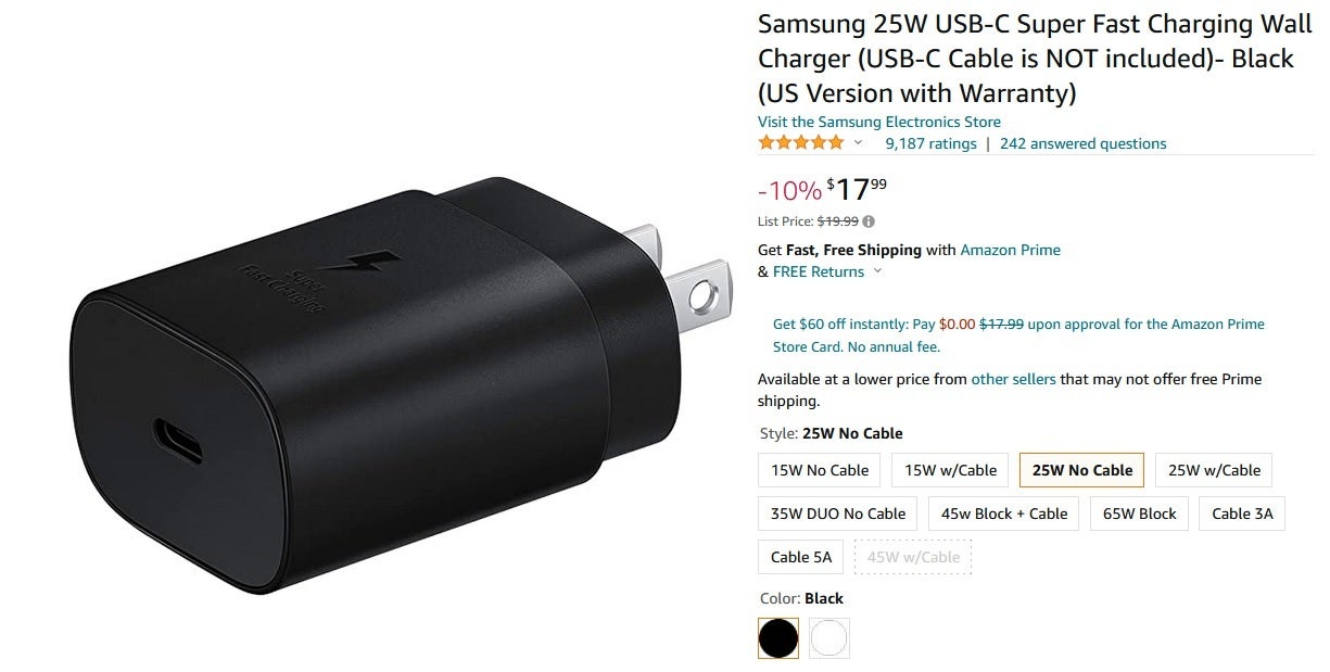 Save nearly 50% by buying the official Samsung 25W charging brick without a USB-C cable - Buy the 25W fast charger for the Galaxy S22 without the USB-C cable and save 49%