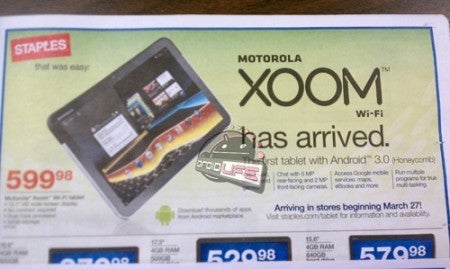 This leaked Staples flyer shows the launch of the Wi-Fi only Motorola XOOM on March 27th for $600 - Wi-Fi only Motorola XOOM to launch March 27th for $600?
