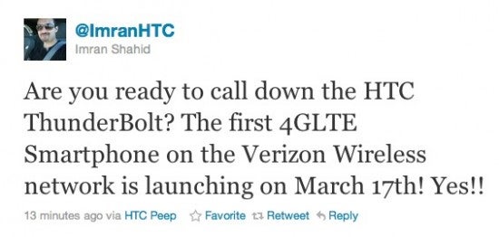 HTC ThunderBolt to arrive on March 17, say an HTC rep and a leaked e-mail