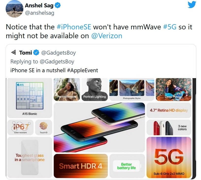 Analyst Anshel Sag points out the lack of mmWave support on the new iPhone SE - Verizon's sneaky 5G naming change will impact its iPhone SE (2022) and iPad Air (2022) users