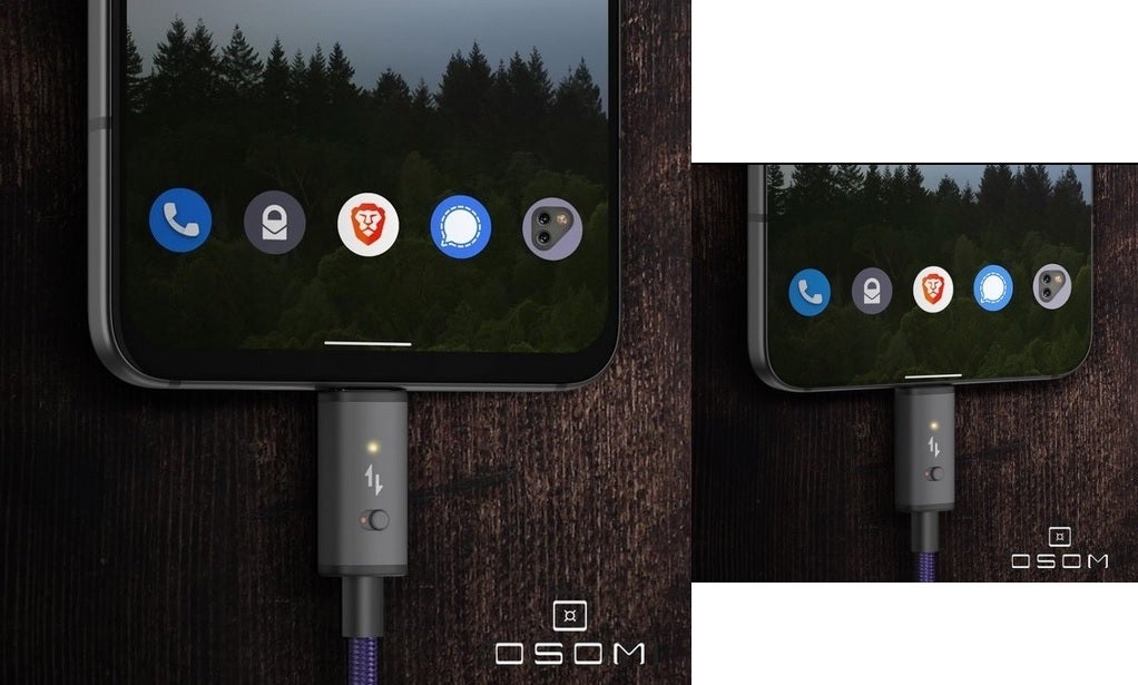 At left, the first OV1 render showed a very thin bottom bezel but a new render shows the truth - OSOM&#039;s new render of the 5G OV1 corrects the unrealistic small bezel on the first image