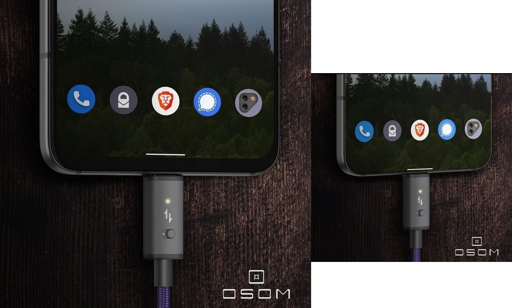 At left, the first OV1 render showed a very thin bottom bezel but a new render shows the truth - OSOM's new render of the 5G OV1 corrects the unrealistic small bezel on the first image