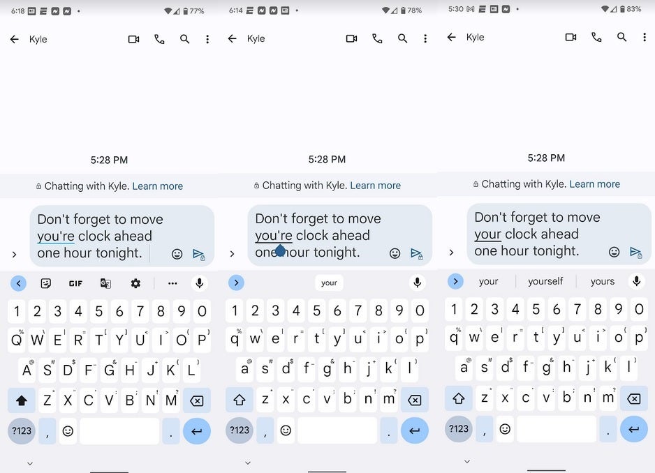 In this example, Grammar Check underlines the wrong use of the word Your suggesting a replacement. The replacement is tapped and the sentence is automatically fixed - Google brings Gboard's real-time Grammar Check to all Android devices