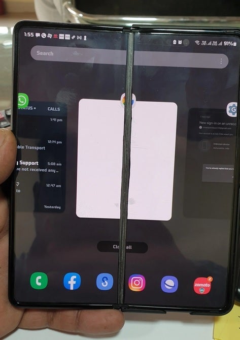 A stronger Super UTG might prevent cracks like the one seen along the hinge in this picture of a Galaxy Z Fold 3 - Rumored change to the Galaxy Z Fold 4 allows it to support regular S Pen and reduce cracked sceens