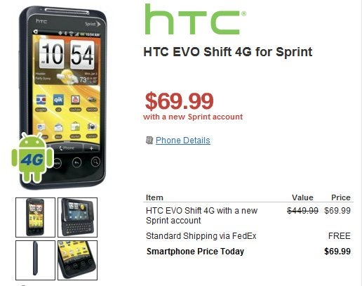 HTC EVO Shift 4G is priced affordably at $69.99 through RadioShack