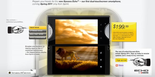 The dual-screen Kyocera Echo is heading for an April 17th launch on Sprint for $199 - Kyocera Echo (Echo...Echo...Echo) to launch April 17th on Sprint for $199