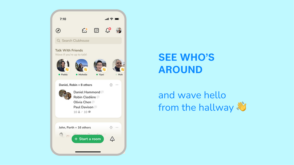 Clubhouse's new Wave update makes it easier to start a room with friends who are online
