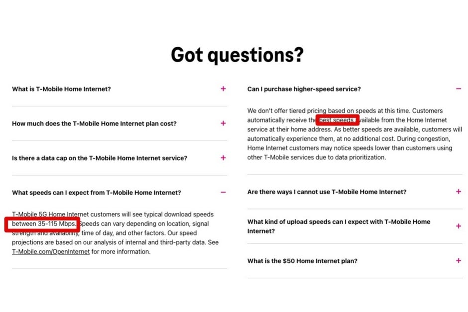 The contentious speed claims on T-Mobile's website are highlighted in this picture. - T-Mobile may need to drop the misleading '5G' from its 5G Home Internet advertising