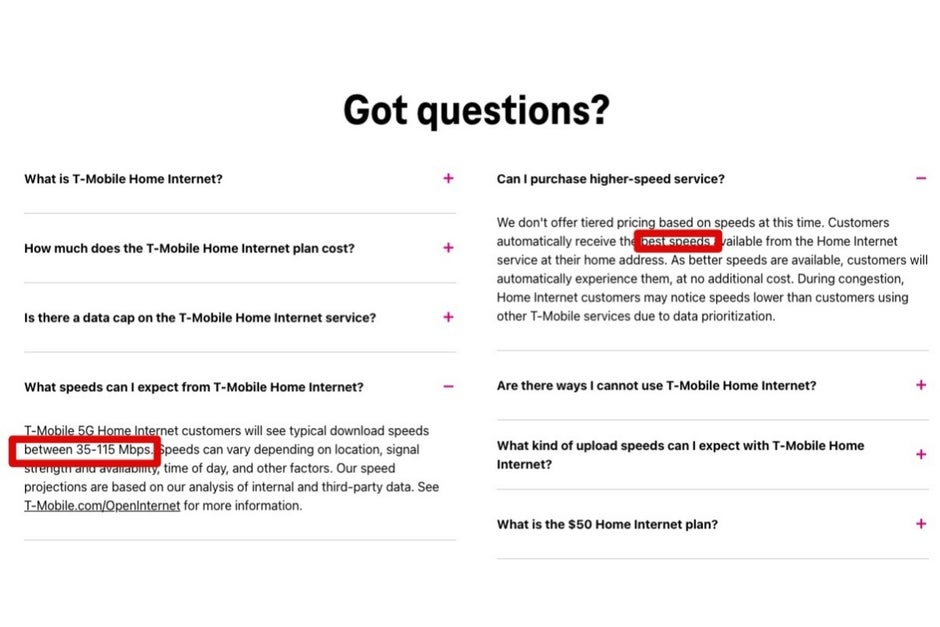 Les Allégations De Vitesse Litigieuses Sur Le Site Web De T-Mobile Sont Mises En Évidence Sur Cette Image.  - T-Mobile Devra Peut-Être Supprimer Le 