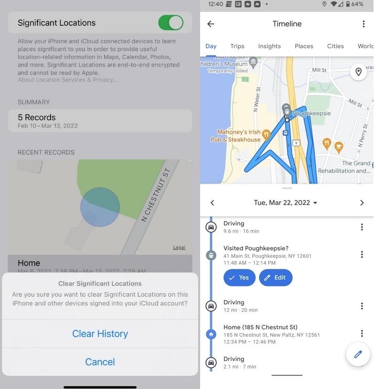 At left is the iOS feature Significant Locations, and at right is Android's Timeline - Clear the hidden iOS and Android maps that track your every move