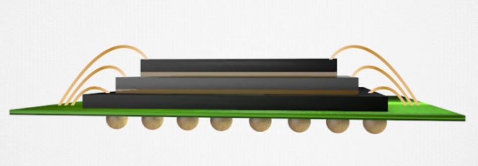 Basic image of chip stacking with different sized dies. Credit MasterBond - Vertical chip stacking could lead to more powerful and energy-efficient phones
