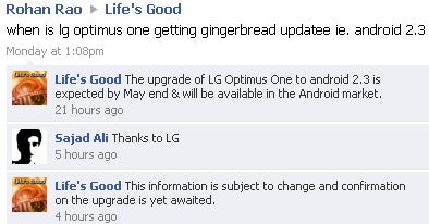 Android 2.3 Gingerbread update for the LG Optimus One will possibly arrive in May