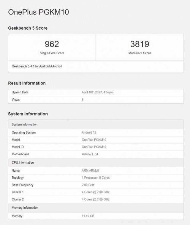 The OnePlus Ace appears on Geekbench sporting Dimesnity 8100 and 12GB of RAM