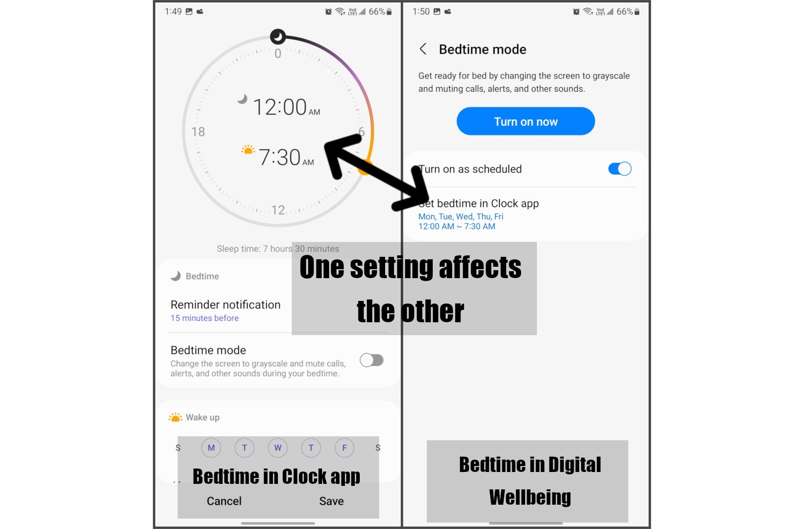 Clock Bedtime on the left, Digital Wellbeing Bedtime on the right - The Bedtime Mode on the Galaxy S22 is a hot mess. Let&#039;s untangle it