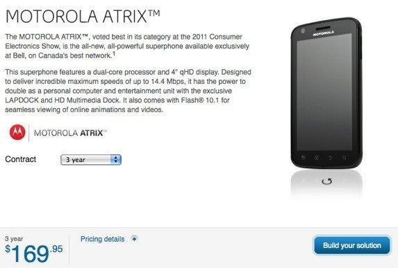 Motorola ATRIX is now available through Bell for $169.95 with a 3-year contract