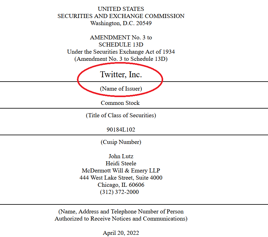 Musk filed Form 13D with the SEC indicating ownership of more than 5% of Twitter's voting stock - Musk lines up financing to buy Twitter; billionaire considers making a tender offer