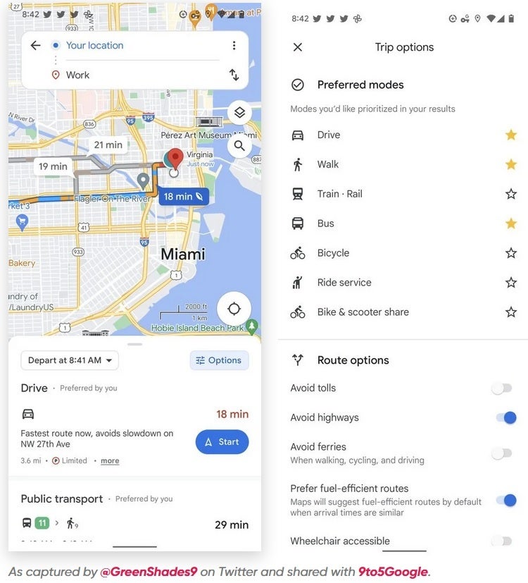 The Google Maps update will allow users to preset their favorite mode of transportation in advance - Google Maps beta allows users to preset favorite mode of transportation