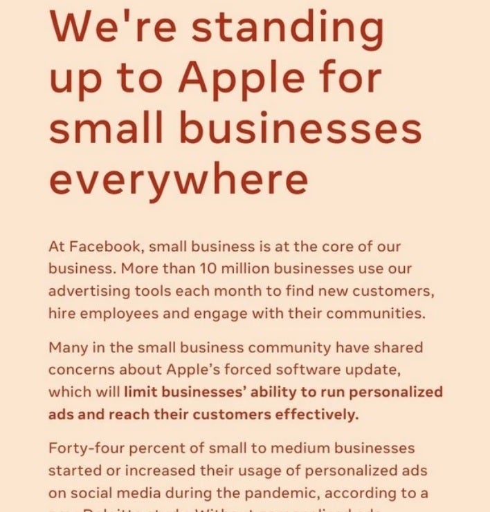 Facebook (now Meta) paid for open ads in major newspapers seeking to criticize Apple for its App Tracking Transparency feature - CFO says Apple carries some blame for issues at Meta