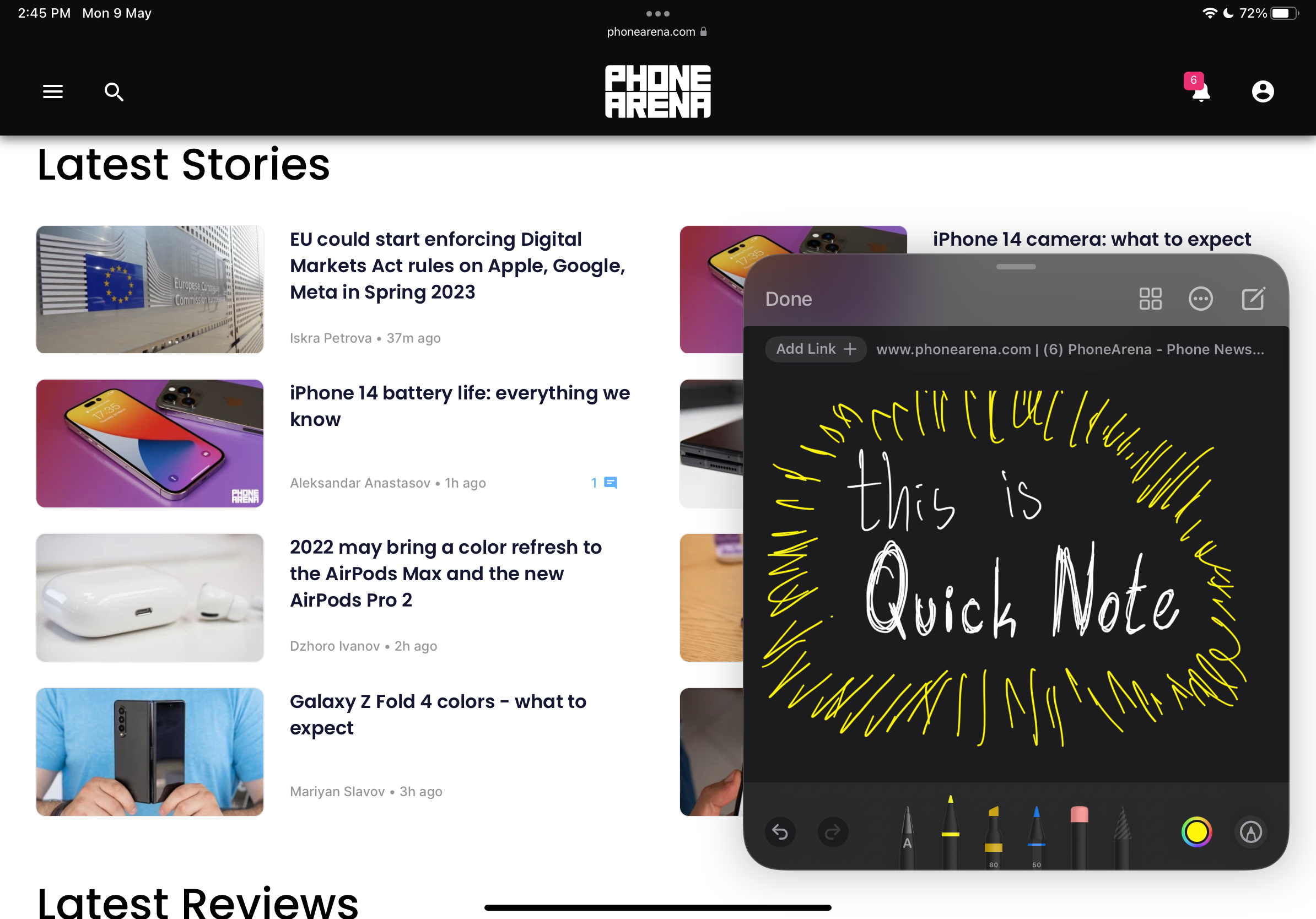 Here we have Quick Note open over the Safari browser running PhoneArena.com - Become an iPad pro: Must-know iPad tips and tricks