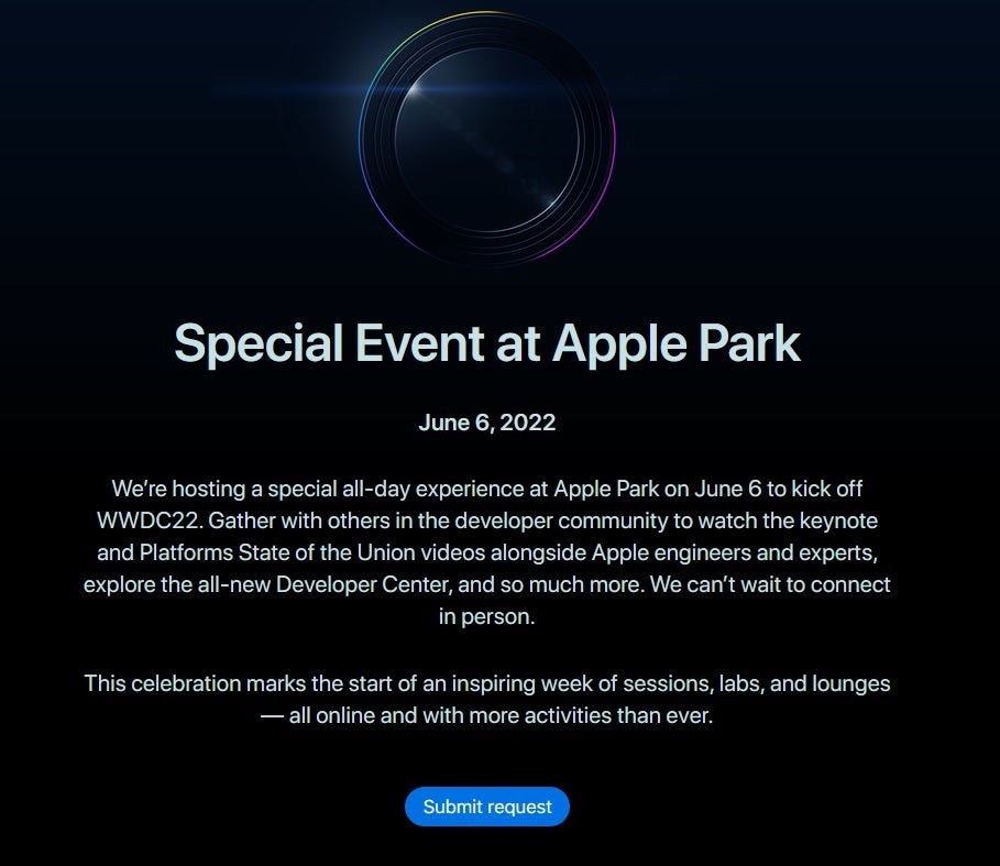 Registered Apple developers can request an invitation from Apple to attend a special all-day event on June 6th at Apple Park - Apple collects requests from developers asking to attend special WWDC viewing party