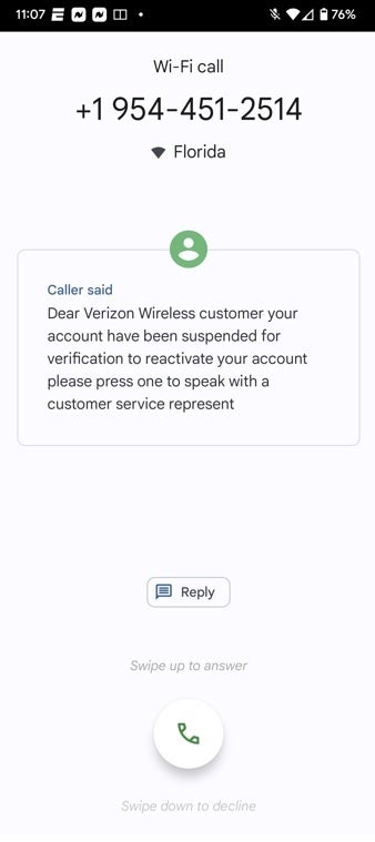 Google Assistant transcribes a scam phone call pretending to be from Verizon - Another phone scam targets Verizon customers