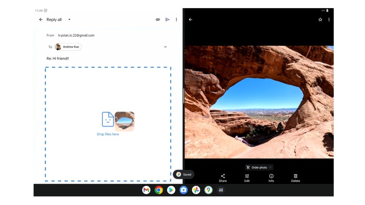 Dragging and dropping an image from one app into another - Android 13 for tablets brings a taskbar, improved multitasking and more handy features