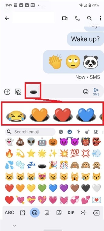 After typing the hole emoji, Google made some suggestions combining different colored hearts and the laughing while crying emoji - You and Google can cook up some funny mash-ups in the Emoji Kitchen