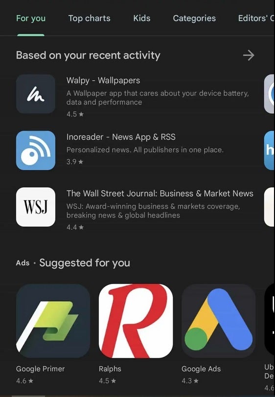 New list UI on top with the carousel underneath - Google tests Play Store UI change that replaces some app icon carousels with lists