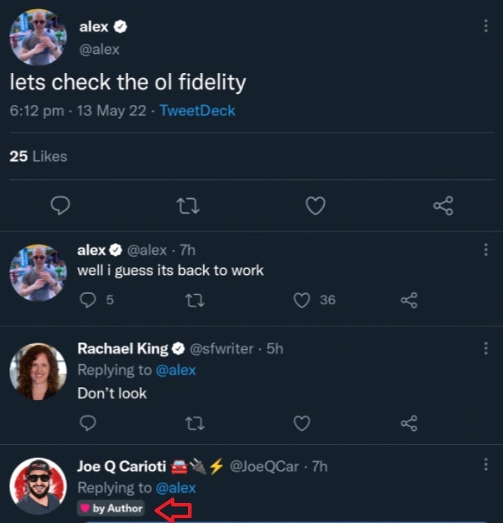 When the creator of a tweet likes a reply, it will receive a liked by Author badge. Credit TechCrunch - Twitter tests "Liked by Author" label for tweeted responses