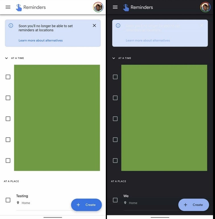 On left, a box shows an ominous note for Google Reminders' future from Google Assistant. You can't read it in Dark mode - Google Assistant to lose helpful feature that set reminders based on your location