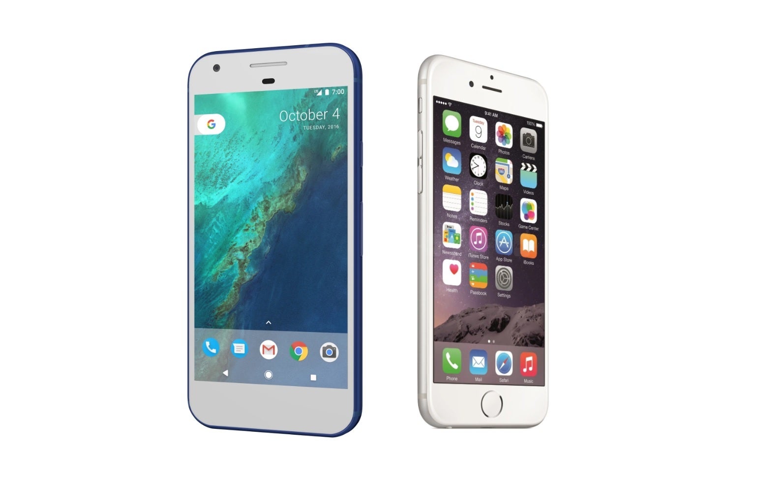 The first Google Pixel (left) and the iPhone 6 (right) - While indecisive Google is playing catch-up with Apple, Samsung plows ahead (Pixel Fold, Pixel Watch, Pixel 6)