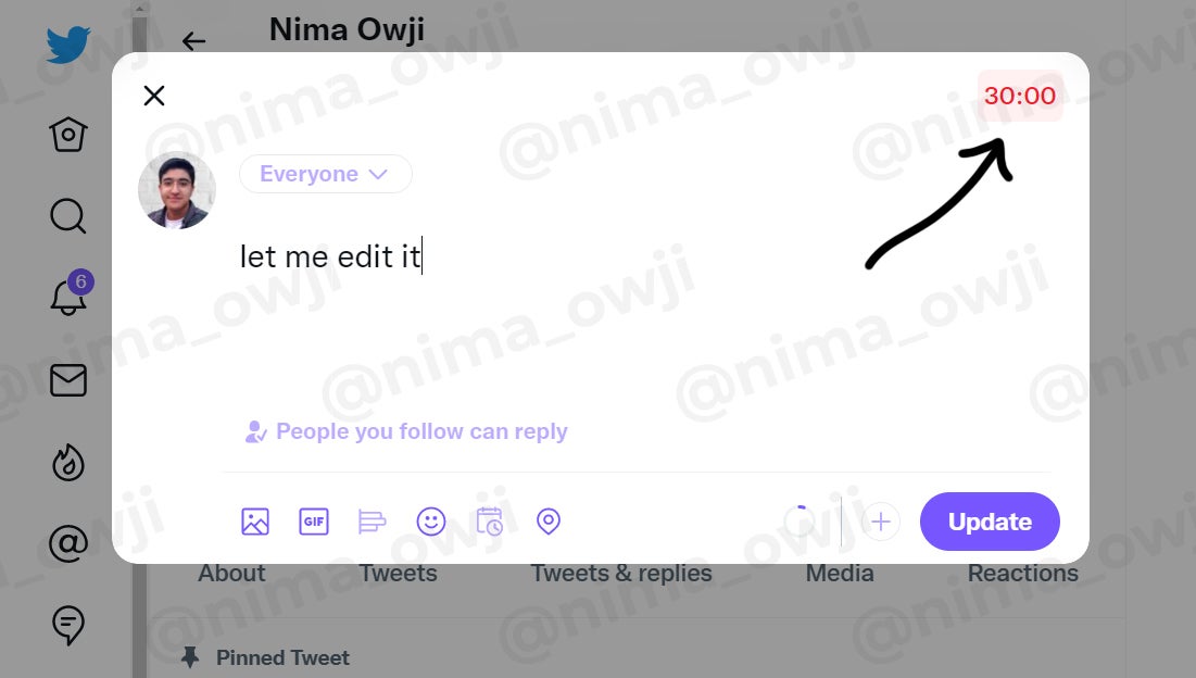 Fonte immagine - Nima Owji - Scorci di modifica di Twitter: un timer per modificare il tuo tweet;  nessuna reazione possibile alle vecchie versioni dei tweet modificati
