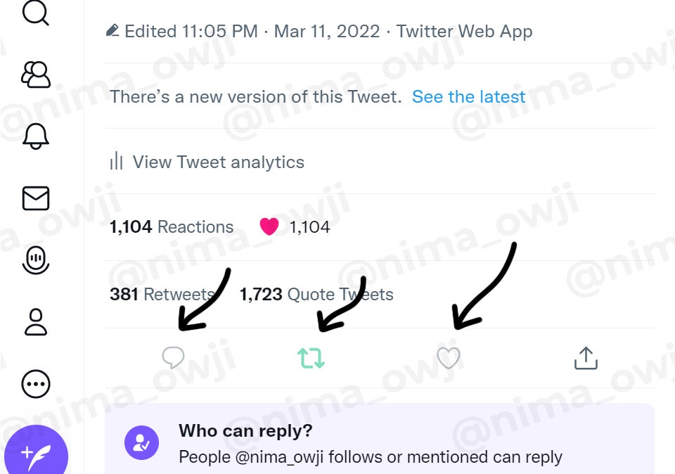 Image source - Nima Owji - Glimpses of Twitter edit: a timer to edit your tweet; no reactions possible to old versions of edited tweets