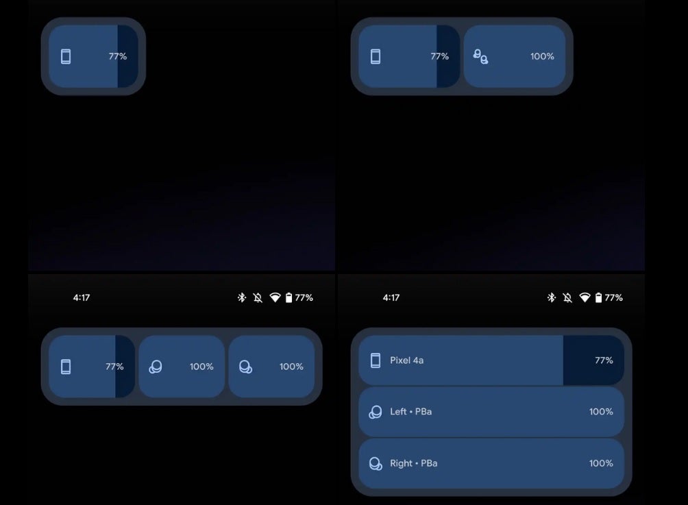 Different configurations of the Pixel Battery Widget that will be available in Android 13. Credit  - /9to5google.com/2022/06/08/android-13-pixel-battery/" target="_blank" rel="nofollow">9to5Google - Android 13 Beta 3 makes Pixel battery widget smaller (2 x 1) and larger (5 x 1)