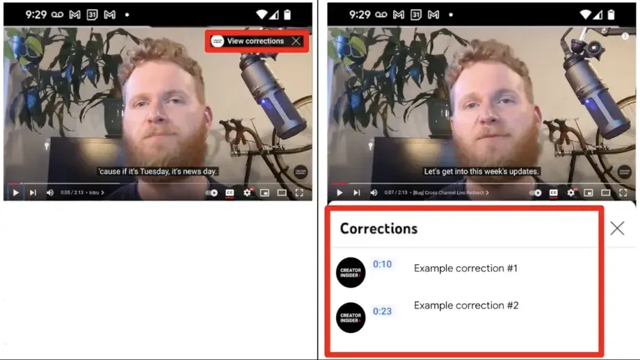 Here's how the new feature looks. Image source - The Verge - YouTube adds new feature dubbed 'Corrections' to help creators fix mistakes