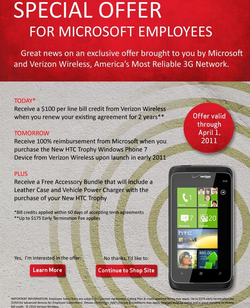 Virtually free HTC 7 Trophy for Microsoft employees, courtesy of Verizon