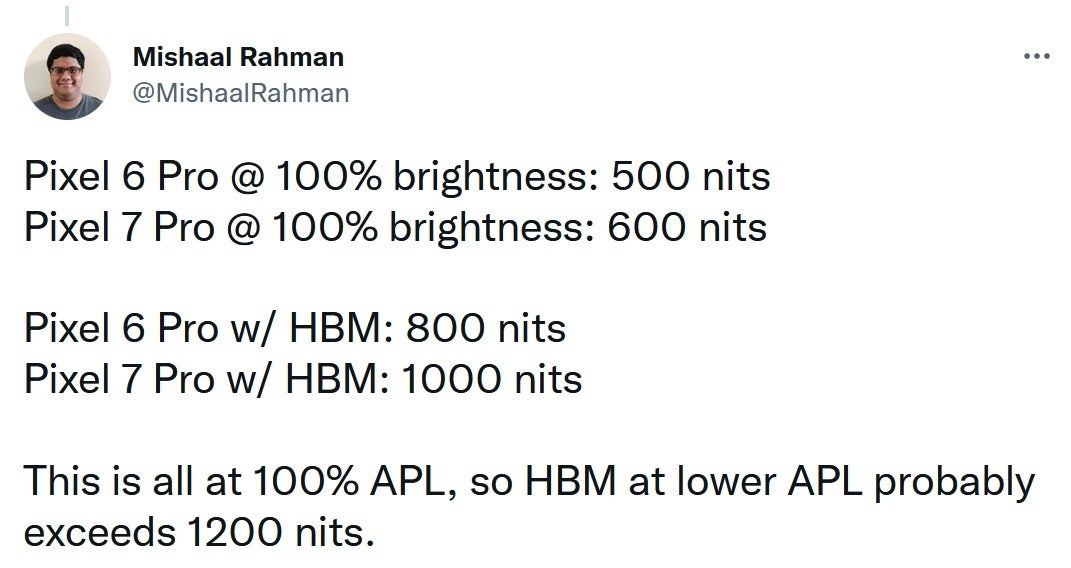 Rahman avslöjar data som visar att Pixel 7 Pro-skärmen kommer att vara ljusare än Pixel 6 Pro-skärmen - det ryktas att den har en ljusare skärm än Pixel 6 Pro;  En annan specifikation upptäckt på en prototyp