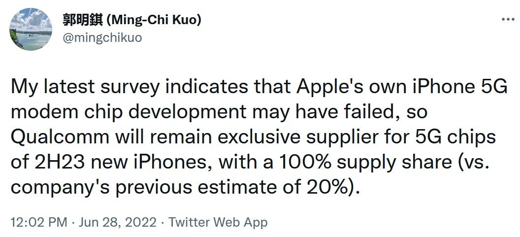 O confiável analista Kuo diz que a Apple não conseguiu produzir um modem 5G interno - tweet bombástico diz que a Apple falhou em projetar um modem 5G interno para o iPhone 15
