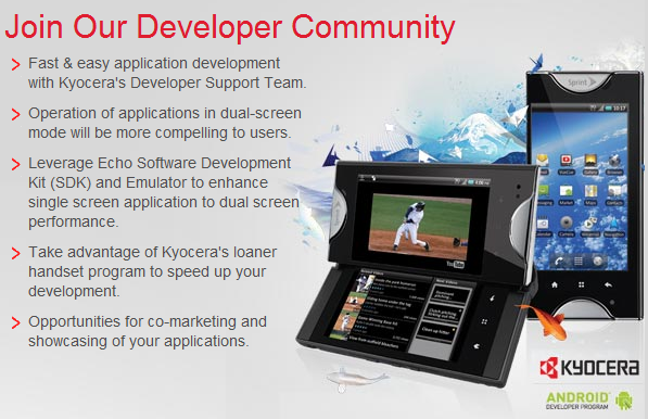 Kyocera is seeking developers interested in writing apps for the dual-screen Kyocera Echo - Android developer program launched by Kyocera for the dual-screen Echo