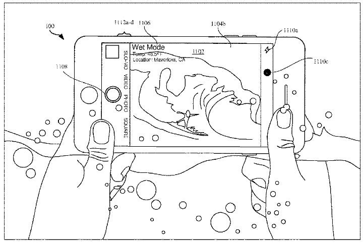 Imagem da patente mostra o iPhone no modo molhado - Apple recebe patente para tecnologia que ajuda os usuários do iPhone a digitar na chuva