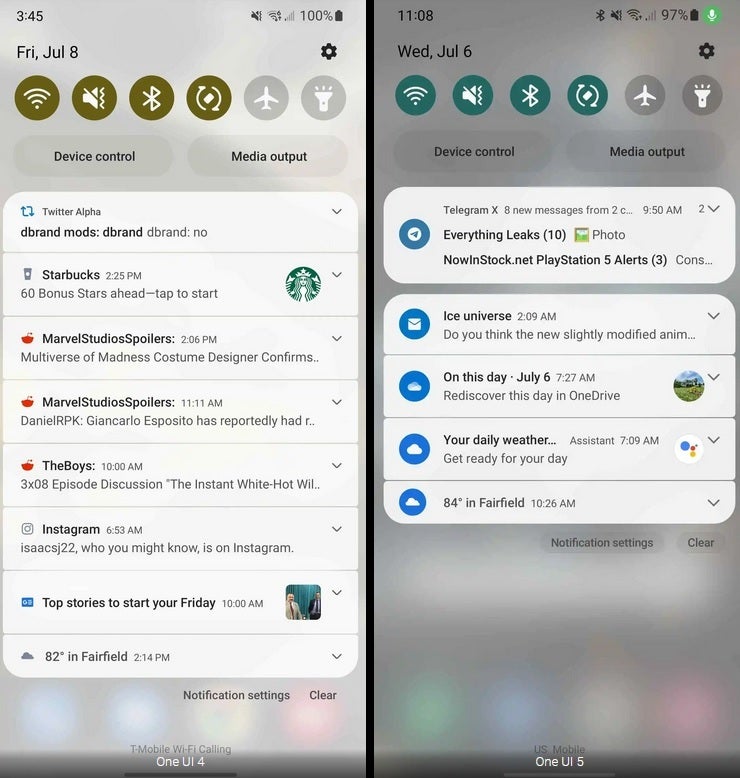 At left UI 4 notifications, UI 5 notifications at right - Screenshots from unreleased One UI 5 beta reveal minor changes and new features