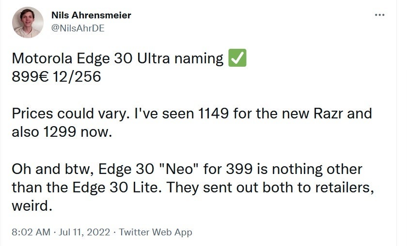 Tipster mengungkapkan spekulasi harga €899 untuk penyimpanan 12GB RAM/256GB Motorola Edge 30 Ultra di Eropa - Kebocoran harga untuk Moto X30 Pro versi Eropa (alias Motorola Edge 30 Ultra)