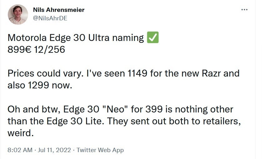 Tipster reveals speculation of an €899 price for the 12GB RAM/256GB storage Motorola Edge 30 Ultra in Europe - Pricing leaks for the European version of the Moto X30 Pro (aka Motorola Edge 30 Ultra)
