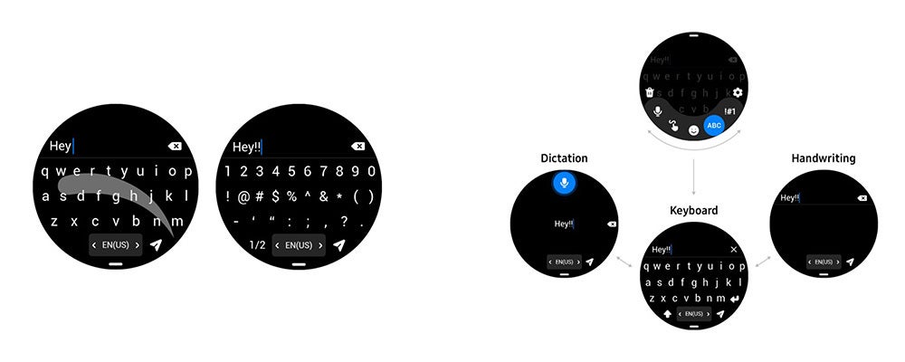 (Vänster) Svep för att skriva på ett nytt QWERTY-tangentbord, (höger) Växlar sömlöst mellan inmatningsmetoder - Samsung tillkännager One UI Watch4.5 som kommer snart för Galaxy Watch