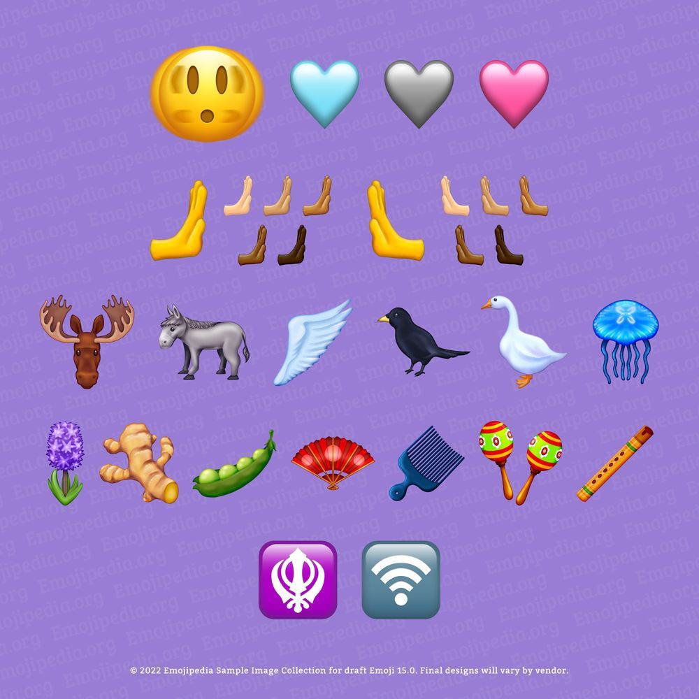 Pratinjau emoji yang meminta persetujuan untuk dimasukkan dengan Emoji 15.0 pada bulan September - emoji baru untuk Emoji 15.0 dipratinjau termasuk "tos" dan hati merah muda